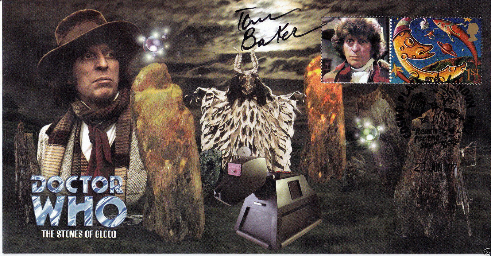 Doctor Who The Stones of Blood CollectIble Stamp Cover Signed by TOM BAKER